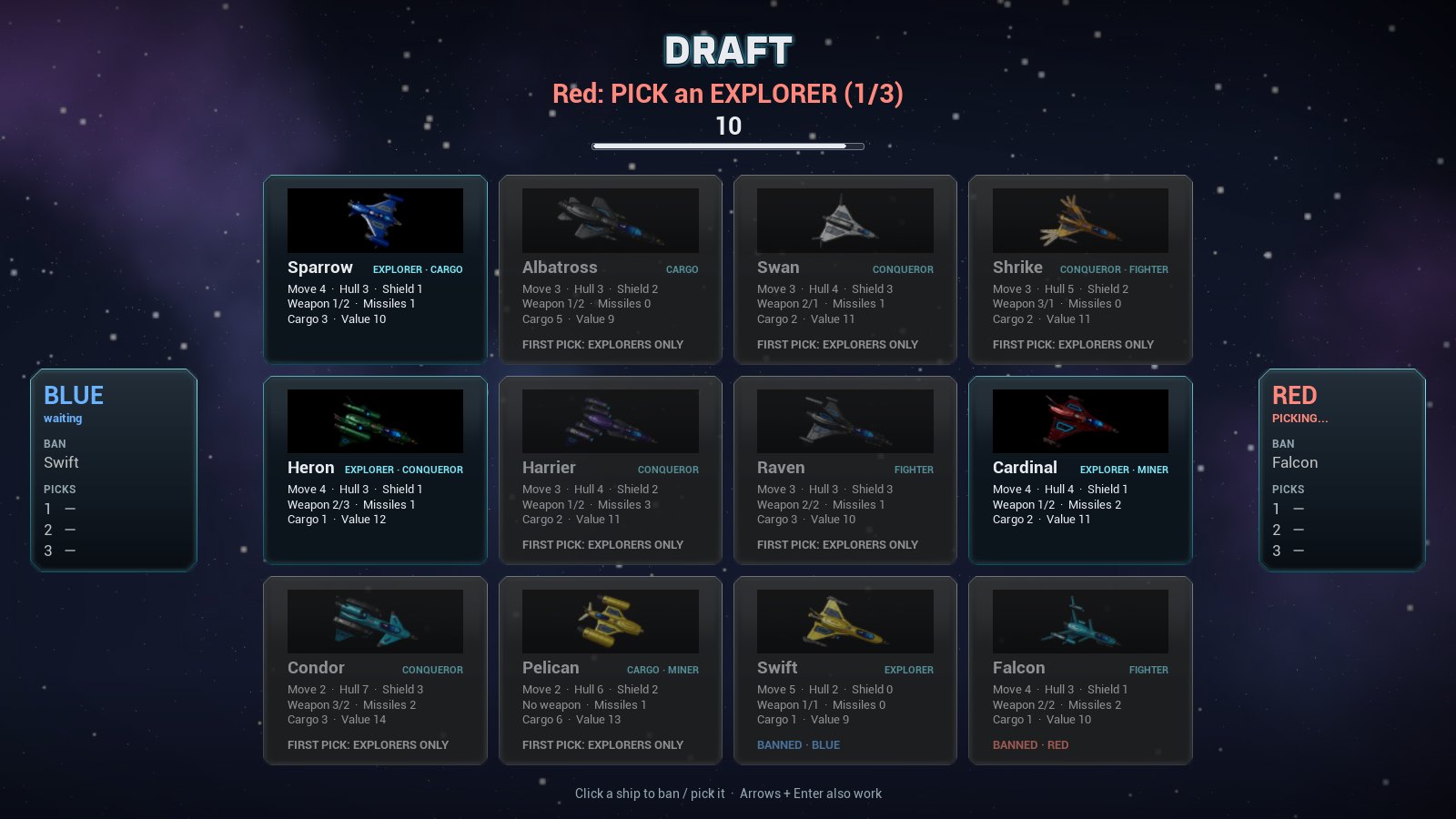The first pick: only explorers are available. Each card shows the ship's skills next to its name.
